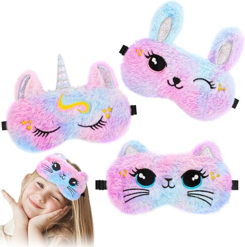 3 Pcs Cute Animal Kids Sleep Mask, 100% Blackout Eye Masks for Girls, Soft & Comfortable Plush Eye Covers with Adjustable Strap for Sleeping, Travel, Home, Party (Unicorn/Cat/Bunny) in Kuwait