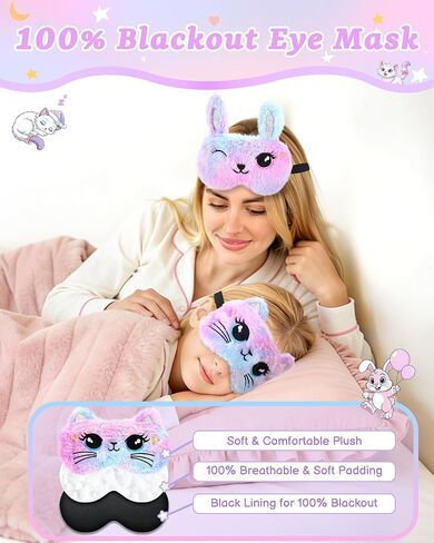 3 Pcs Cute Animal Kids Sleep Mask, 100% Blackout Eye Masks for Girls, Soft & Comfortable Plush Eye Covers with Adjustable Strap for Sleeping, Travel, Home, Party (Unicorn/Cat/Bunny) in Kuwait