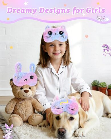 3 Pcs Cute Animal Kids Sleep Mask, 100% Blackout Eye Masks for Girls, Soft & Comfortable Plush Eye Covers with Adjustable Strap for Sleeping, Travel, Home, Party (Unicorn/Cat/Bunny) in Kuwait