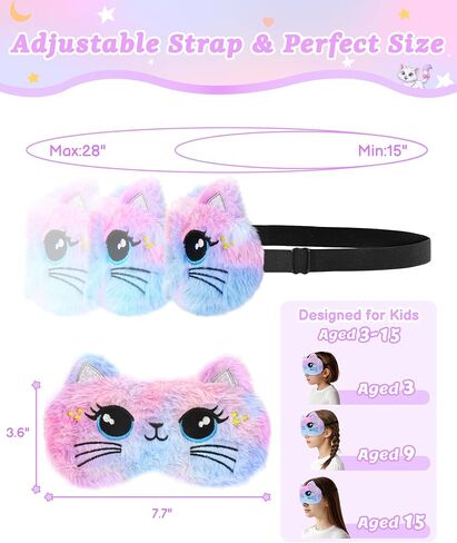 3 Pcs Cute Animal Kids Sleep Mask, 100% Blackout Eye Masks for Girls, Soft & Comfortable Plush Eye Covers with Adjustable Strap for Sleeping, Travel, Home, Party (Unicorn/Cat/Bunny) in Kuwait