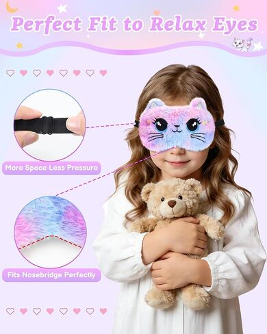 3 Pcs Cute Animal Kids Sleep Mask, 100% Blackout Eye Masks for Girls, Soft & Comfortable Plush Eye Covers with Adjustable Strap for Sleeping, Travel, Home, Party (Unicorn/Cat/Bunny) in Kuwait