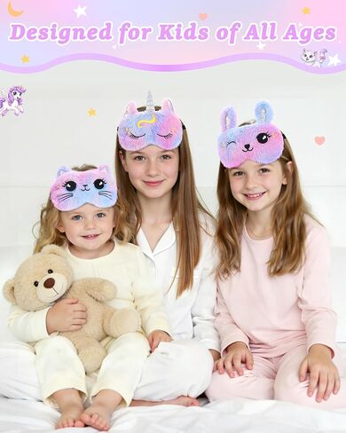 3 Pcs Cute Animal Kids Sleep Mask, 100% Blackout Eye Masks for Girls, Soft & Comfortable Plush Eye Covers with Adjustable Strap for Sleeping, Travel, Home, Party (Unicorn/Cat/Bunny) in Kuwait