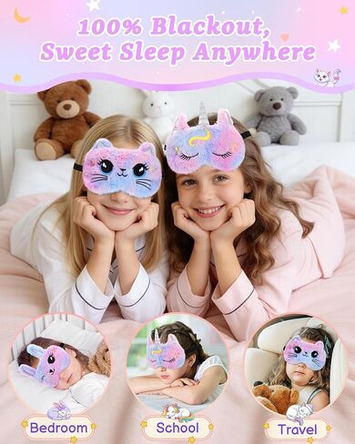 3 Pcs Cute Animal Kids Sleep Mask, 100% Blackout Eye Masks for Girls, Soft & Comfortable Plush Eye Covers with Adjustable Strap for Sleeping, Travel, Home, Party (Unicorn/Cat/Bunny) in Kuwait
