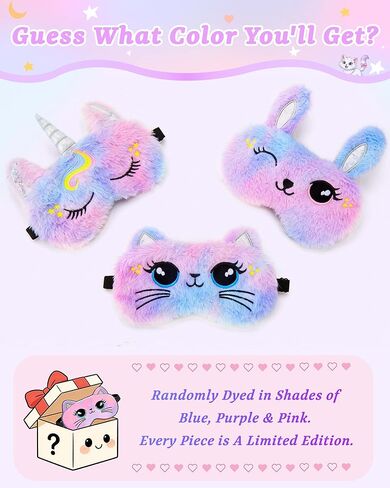 3 Pcs Cute Animal Kids Sleep Mask, 100% Blackout Eye Masks for Girls, Soft & Comfortable Plush Eye Covers with Adjustable Strap for Sleeping, Travel, Home, Party (Unicorn/Cat/Bunny) in Kuwait