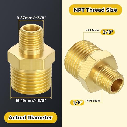 METALLIXITY 2 قطعة تركيب الأنابيب النحاسية، 3/8 بوصة NPT ذكر x 1/8 بوصة NPT ذكر خيط نحاسي حلمات سداسية محول تمديد لصنبور الحوض/الدش in Kuwait
