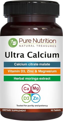 Pure Nutrition Ultra Calcium 1000mg with VIT D3 + K2 | 90 Tab | Calcium Supplement with Calcium Citrate Malate, VIT D3, K2, Moringa Oleifera, Magnesium and Zinc. in Kuwait
