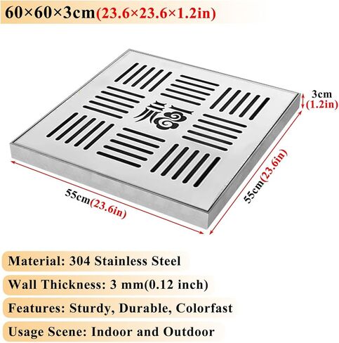 Stainless Steel Floor Drain Grate for Inside/Outside, 8-24 Inch Square/Rectangle Storm Sewer Drain Cover, Durable Drainage Channel Grating System (60x60x3cm/23.6x23.6x1.2in) in Kuwait