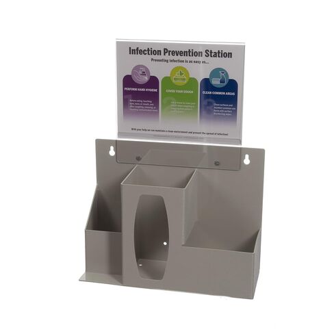 Infection Prevention Station: Holds 1 Bottle, 1-2 Boxes Tissue or 1 Glove Box, & canisters. 11x 8.5" Sign Holder w/Signage. Keyholes to Wall Mount, on Counter or Bowman® Floor Stand Quartz Beige ABS in Kuwait