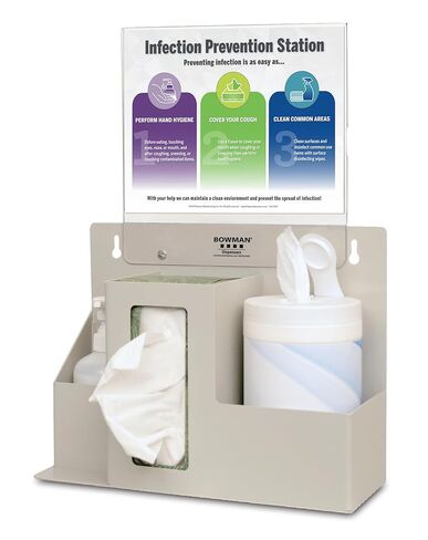 Infection Prevention Station: Holds 1 Bottle, 1-2 Boxes Tissue or 1 Glove Box, & canisters. 11x 8.5" Sign Holder w/Signage. Keyholes to Wall Mount, on Counter or Bowman® Floor Stand Quartz Beige ABS in Kuwait