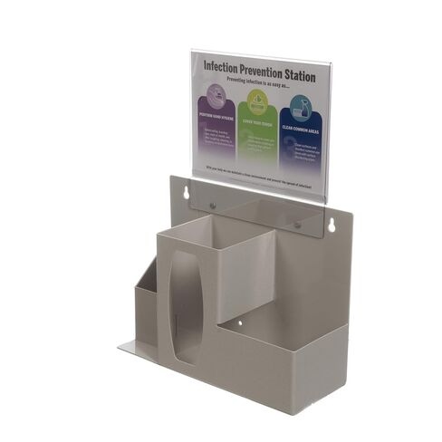 Infection Prevention Station: Holds 1 Bottle, 1-2 Boxes Tissue or 1 Glove Box, & canisters. 11x 8.5" Sign Holder w/Signage. Keyholes to Wall Mount, on Counter or Bowman® Floor Stand Quartz Beige ABS in Kuwait