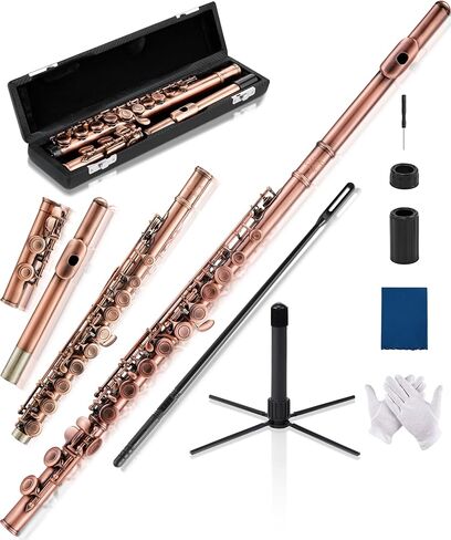 AKLOT Closed-Hole Concert C Flute: Flute Instrument with 16 Keys, Offset G, Smooth Cupronickel Keys, Air-Tight Pads, Include Stylish Leather Hard Case, Cleaning Kit, Stand, Gloves (LUM-CE) in Kuwait