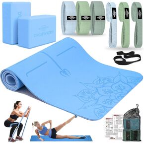 سجادة اليوجا سميكة من DICYWUDI، 6 أشرطة مقاومة من القماش، عبوتين من مكعبات اليوجا، مجموعة أدوات التدريب المنزلية الأساسية للمبتدئين، توحيد لون الجسم بالكامل in Kuwait