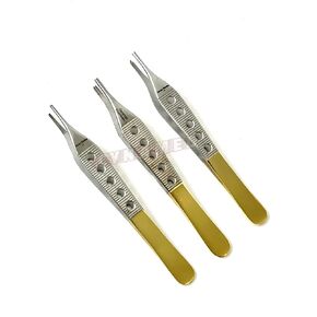 Set of 3 Premium German ADSON Tissue 1X2 Teeth + Dressing Serrated +ADSON Brown 4.75" Dissecting Forceps Straight with FENESTRATED Gold Handle-Set of 3 Each in Saudi Arabia