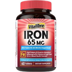 Vitalibre Iron Supplement for Women & Men, 65 mg, Ferrous Sulfate, Vitamin C, D3, B6, B12, Folate, Beet Root, Spinach, Pumpkin Seeds, Nettle, for Red Blood Cell & Energy Production, 60 Tablets in Kuwait