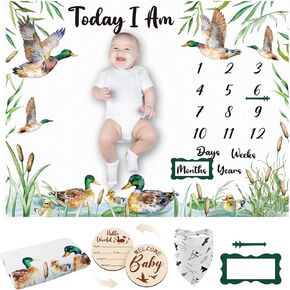 Mallard Duck Monthly Milestone Banket for Baby Boy Flannel Newborn Infant Movant Proghography Background Background with Baby Birth Frames ، Felt Prames ، Bibs in Kuwait