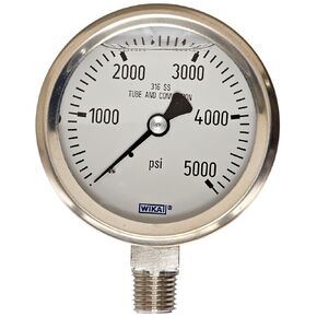 مقياس الضغط الصناعي WIKA 9833476، قابل لإعادة الملء، أجزاء مبللة من الفولاذ المقاوم للصدأ 316L، قرص 2-1/2 بوصة، نطاق 0-5000 رطل لكل بوصة مربعة، دقة +/- 2/1/2%، وصلة NPT ذكر 1/4 بوصة، حامل سفلي in Kuwait