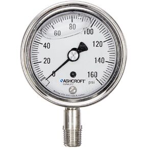 Ashcroft Duralife نوع 1009SWL مقياس ضغط مملوء بسائل الجلسرين من الفولاذ المقاوم للصدأ، وصلة سفلية 1/4 بوصة NPT، حجم قرص 2.5 بوصة، نطاق 0/160 رطل لكل بوصة مربعة in Kuwait