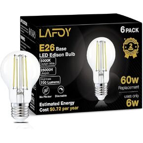 Lafoy A19 E26 Amber Light Bulbs 2200K Soft Warm, Vintage LED Edison Bulbs 60 Watt Equivalent, Dimmable Antique Old-Fashioned Style 60W Replacement, 550 Lumen Medium Base Lightbulbs, 120V 6 Pack in Saudi Arabia