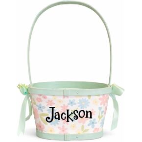 سلة عيد الفصح للفتيات سلة خشبية بألوان الباستيل مع شريط ديكور عطلة الربيع واسم مخصص من اختيارك - 10 بوصات (سلة خضراء باستيل مخصصة) in Kuwait
