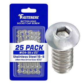 Fastenere Button Head Socket Cap Screws - 1/4-28 x 1 (25 Pack) Stainless Steel 18-8, Full Thread, Bright Plain Finish, Corrosion-Resistant, Machine Thread, Easy to Install w/Allen Socket Drive in Saudi Arabia