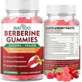 Premium Berberine Gummies, 2000mg High Potency Berberine HCI Supplement, Plus Ceylon Cinnamon, Milk Thistle for Women & Men, Immune System & Metabolism Support - 60 Gummies in Kuwait