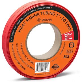 Wirefy 1 "أنابيب الانكماش الحراري - قطر كبير - نسبة 3: 1 - مبطنة بمادة لاصقة - أنابيب صناعية قابلة للانكماش بالحرارة - أحمر - لفة 50 قدم in Kuwait