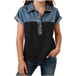 Girls Shirts Summer Short Sleeve Tees Contrast Patchwork Polo Button Blouse Teen Vacation Wear Kids Size 5-15 Years in Kuwait