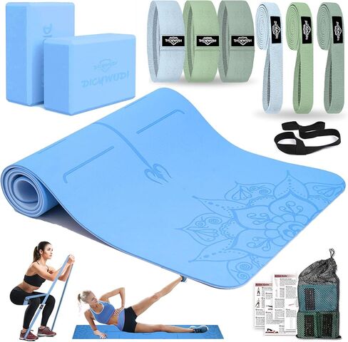 سجادة اليوجا سميكة من DICYWUDI، 6 أشرطة مقاومة من القماش، عبوتين من مكعبات اليوجا، مجموعة أدوات التدريب المنزلية الأساسية للمبتدئين، توحيد لون الجسم بالكامل in Kuwait