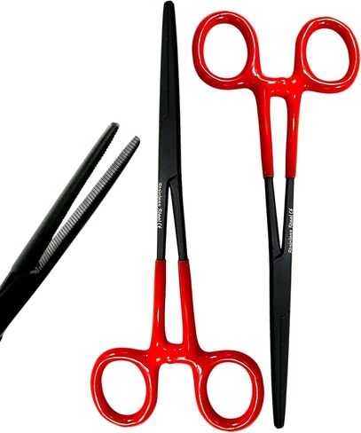 6.25" Multi-Purpose Hemostat Forceps Pliers, Locking, Red Vinyl Grip Handle, Black, German Stainless Steel | Fishing Pliers, Fish Hook Removing, Crafts, Electronics (Set of 2) in Kuwait
