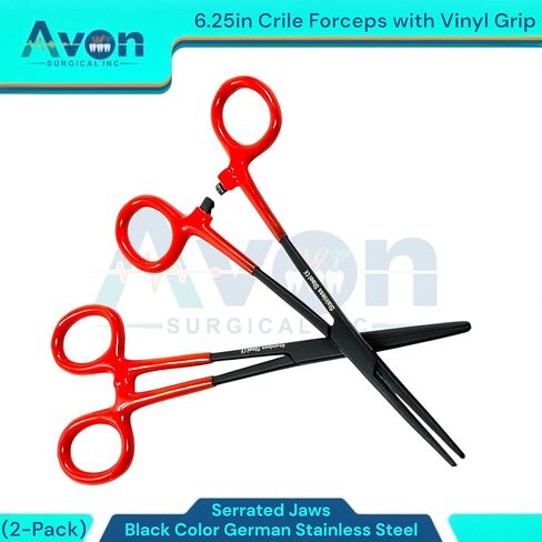 6.25" Multi-Purpose Hemostat Forceps Pliers, Locking, Red Vinyl Grip Handle, Black, German Stainless Steel | Fishing Pliers, Fish Hook Removing, Crafts, Electronics (Set of 2) in Kuwait