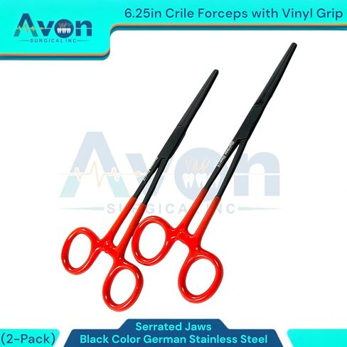 6.25" Multi-Purpose Hemostat Forceps Pliers, Locking, Red Vinyl Grip Handle, Black, German Stainless Steel | Fishing Pliers, Fish Hook Removing, Crafts, Electronics (Set of 2) in Kuwait