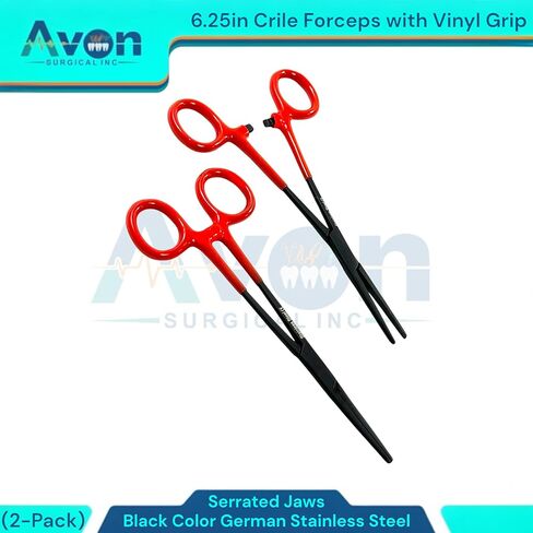 6.25" Multi-Purpose Hemostat Forceps Pliers, Locking, Red Vinyl Grip Handle, Black, German Stainless Steel | Fishing Pliers, Fish Hook Removing, Crafts, Electronics (Set of 2) in Kuwait