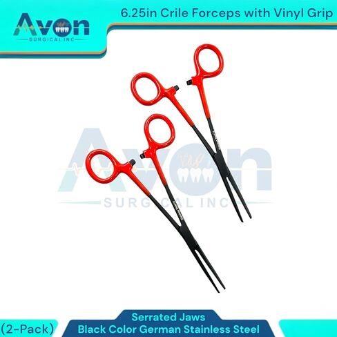 6.25" Multi-Purpose Hemostat Forceps Pliers, Locking, Red Vinyl Grip Handle, Black, German Stainless Steel | Fishing Pliers, Fish Hook Removing, Crafts, Electronics (Set of 2) in Kuwait