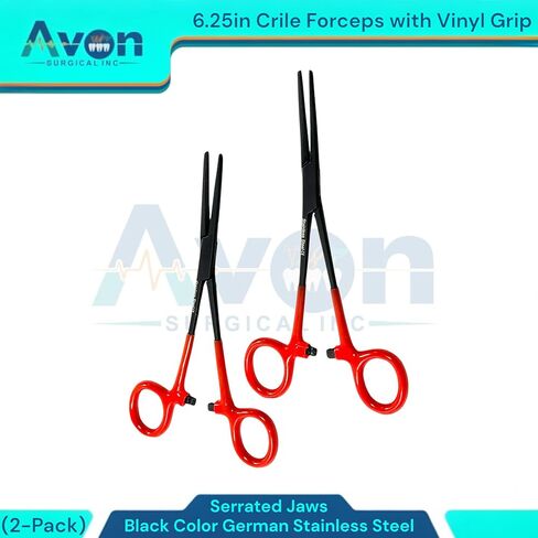 6.25" Multi-Purpose Hemostat Forceps Pliers, Locking, Red Vinyl Grip Handle, Black, German Stainless Steel | Fishing Pliers, Fish Hook Removing, Crafts, Electronics (Set of 2) in Kuwait