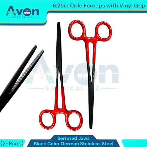 6.25" Multi-Purpose Hemostat Forceps Pliers, Locking, Red Vinyl Grip Handle, Black, German Stainless Steel | Fishing Pliers, Fish Hook Removing, Crafts, Electronics (Set of 2) in Kuwait