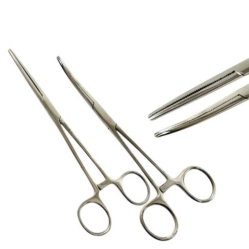 Pack of 2pcs - Hemostat Clamp Forceps with Serrated Jaws, Curved + Straight, Autoclave-Safe Stainless Steel - for Fishing, Crafts, Hobby, Veterinary (10 Inches) in Saudi Arabia