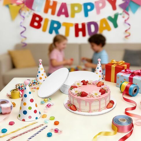 10 عبوات من براميل الكيك مقاس 8 بوصات، 1/4 بوصة من ألواح الكيك السميكة من الورق المقوى الأبيض ودوائر مموجة قوية وقاعدة صينية أطباق مصنفة للطعام لوازم تزيين لحفلات الزفاف وأعياد الميلاد وعيد الأم in Kuwait