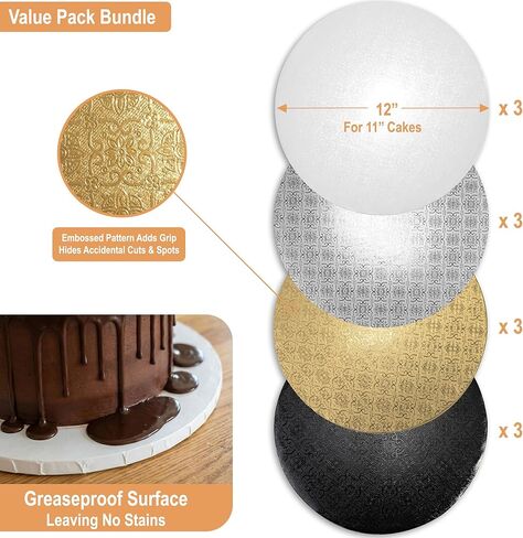 أسطوانة كيك مقاس 1/4 بوصة مقاس 12 بوصة باللون الأبيض والفضي والذهبي والأسود (12 عبوة) | حلقات من لوح الكيك بسمك 0.25 بوصة | دوائر كيك قوية وغير ملحومة ومقاومة للدهون لتقديم الكعك الثقيل in Kuwait