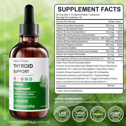 Actora Thyroid Support Liquid Drops, Kindled Thyroid Support Drops with Selenium Zinc Lodine L-Tyrosine Ashwagandha for Hormone Balance - Mood & Energy Supplement - 4 fl. oz. (120mL) in Saudi Arabia