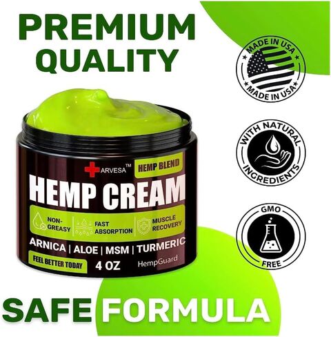 Generic Natural Hemp Cream for Muscles, Joints, Back, Knees, Neck, Fingers, Elbows - High Strength Hemp Oil Extract with Arnica, Emu Oil, Turmeric - Made in The USA in Saudi Arabia