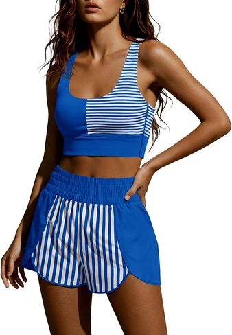 Fisoew Womens Two Piece Workout Outfits Cropped Tank Top Color Block Gym Yoga Athletic Short Sets with Built-in Bra in Saudi Arabia