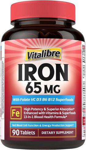 Vitalibre Iron Supplement for Women & Men, 65 mg, Ferrous Sulfate, Vitamin C, D3, B6, B12, Folate, Beet Root, Spinach, Pumpkin Seeds, Nettle, for Red Blood Cell & Energy Production, 60 Tablets in Kuwait
