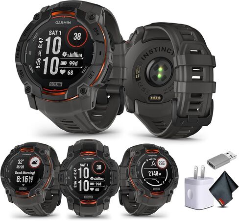 Garmin Instinct 3 Tactical Edition AMOLED 50mm Display, Rugged Outdoor GPS Smartwatch Bundle with USB Wall Charger + Microfiber Cleaning Cloth in Saudi Arabia