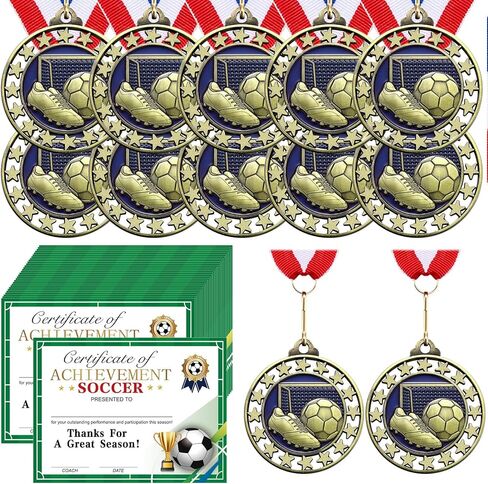 Huquary 12 Pcs Award Medals with 12 Pcs Achievement Award Certificates Team Participation Trophies with Red White Blue Striped Ribbon for Sports Party Favors Team Competitions Trophy Prize in Saudi Arabia