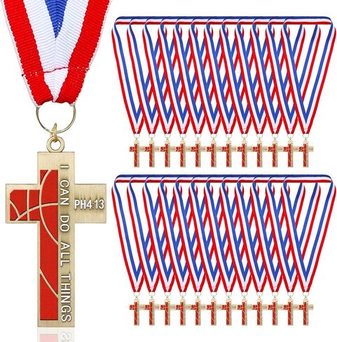 Kigeli 24 Pack Basketball Baseball Softball Soccer Cross Award Medal Team Participation Trophy Prize with Red White Blue Striped Ribbon Religious Christian Gift Easter Basket Stuffer Sport in Saudi Arabia
