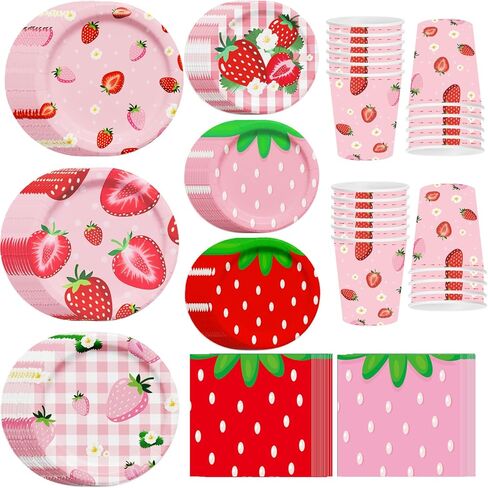 120pcs Strawberry Party Decoration Disposable Strawberry Paper Plates Cups and Napkins for Strawberry Themed Party Decorations for Girl Boy Summer Sweet Strawberry Baby Shower Supplies, Serve 30 in Saudi Arabia