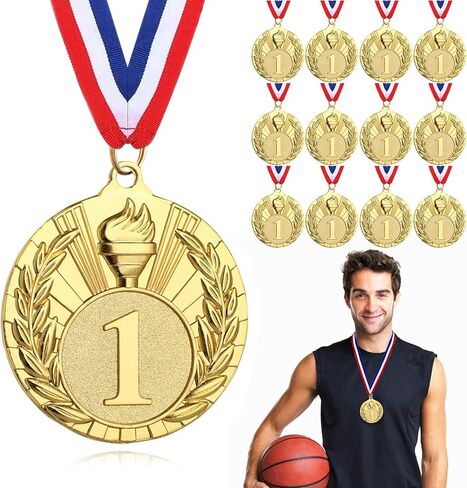 Hianjoo 12 Pcs Gold Medals for Awards, 1st Place Award Medal for Teens Adults, Torch Metal Award Medals with Neck Ribbons for Tournaments, Competitions, Sports, 2 inch in Saudi Arabia