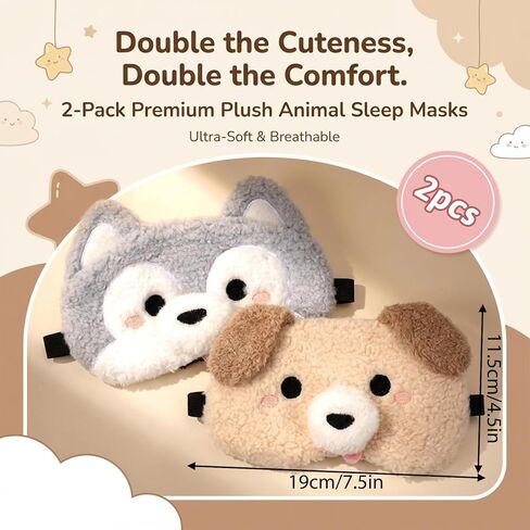 Kids Sleep Mask, 2 Pcs Plush Dog Cute Sleeping Mask Soft Kids Eye Masks for Sleeping Comfortable Funny Animal Eyeshade Blindfold for Women Men Home Travel Sleepover Party in Saudi Arabia