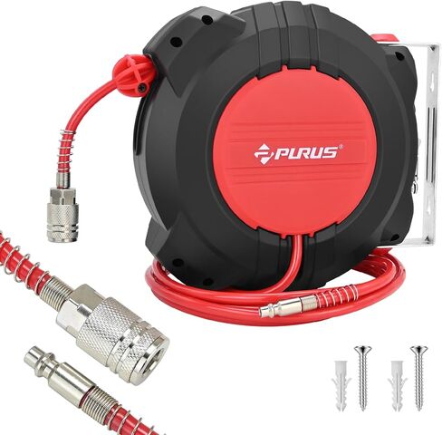 PURUS Retractable Air Hose Reel, 1/4" x 32ft, 180° Swivel Wall/Ceiling Mount, Auto Rewind, Hybrid Hose Max 10 Bar Pressure Air Compressor Hose Reel Quick Coupler for Workshop & Garage in Saudi Arabia