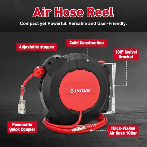 PURUS Retractable Air Hose Reel, 1/4" x 32ft, 180° Swivel Wall/Ceiling Mount, Auto Rewind, Hybrid Hose Max 10 Bar Pressure Air Compressor Hose Reel Quick Coupler for Workshop & Garage in Saudi Arabia